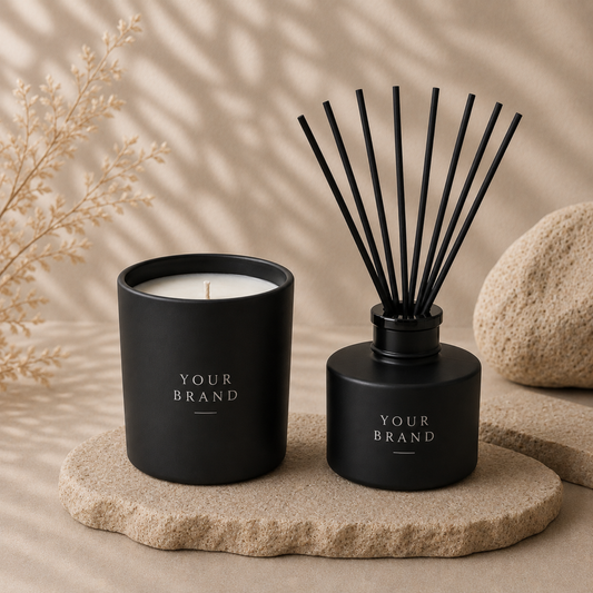 Black candle and diffuser with 'Your Brand' text on a stone surface with a neutral background
