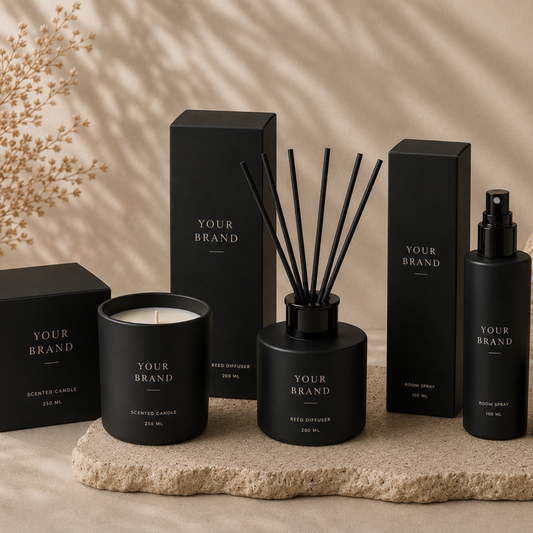 Set of black branded diffuser, candle, and spray bottle on a stone surface with a neutral background.