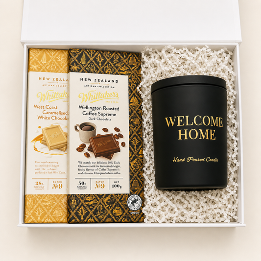 Welcome Home candle and New zealand chocolate
