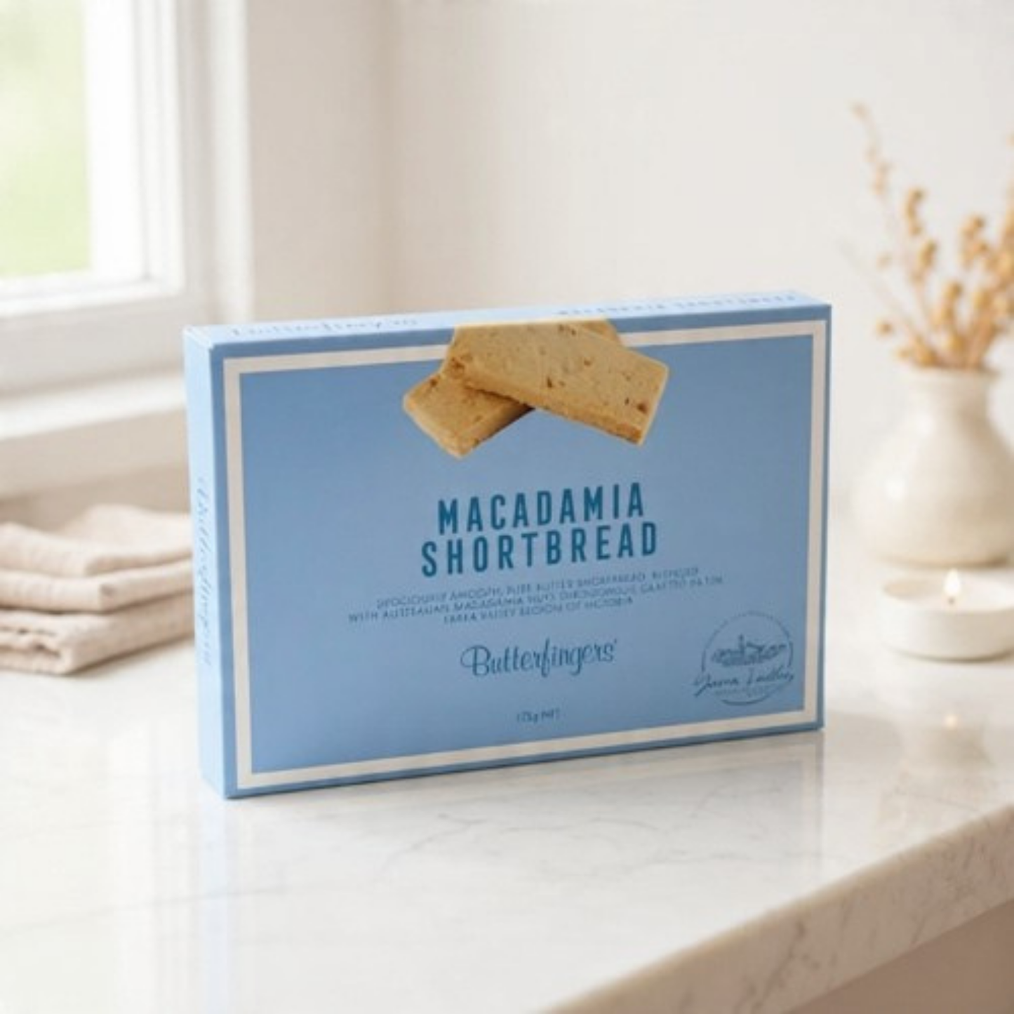 Box of Macadamia Shortbread on a kitchen counter