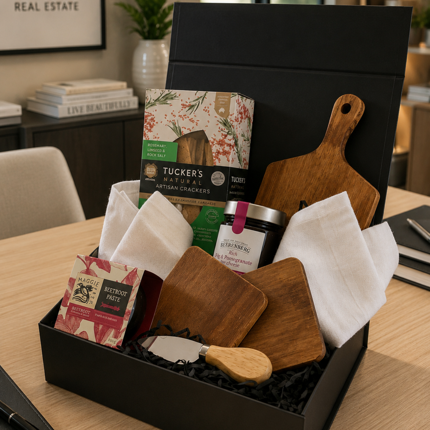 Gift basket with wooden cutting boards, napkins, and a jar on a table.