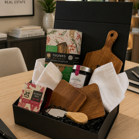 Gift basket with wooden cutting boards, napkins, and a jar on a table.