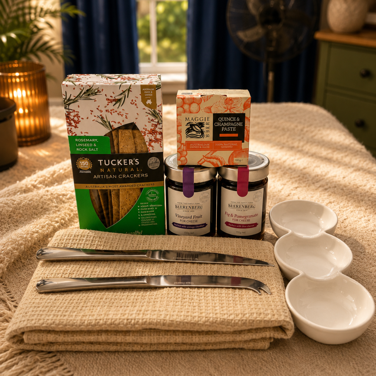 Assorted food products including a box of Tucker's crackers, jars of preserves, and a set of knives on a table.