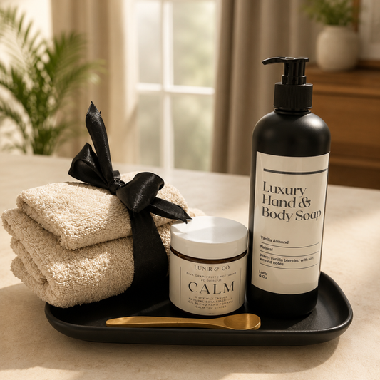 Bath and body products including towels, soap, and a jar on a tray with a blurred indoor background.
