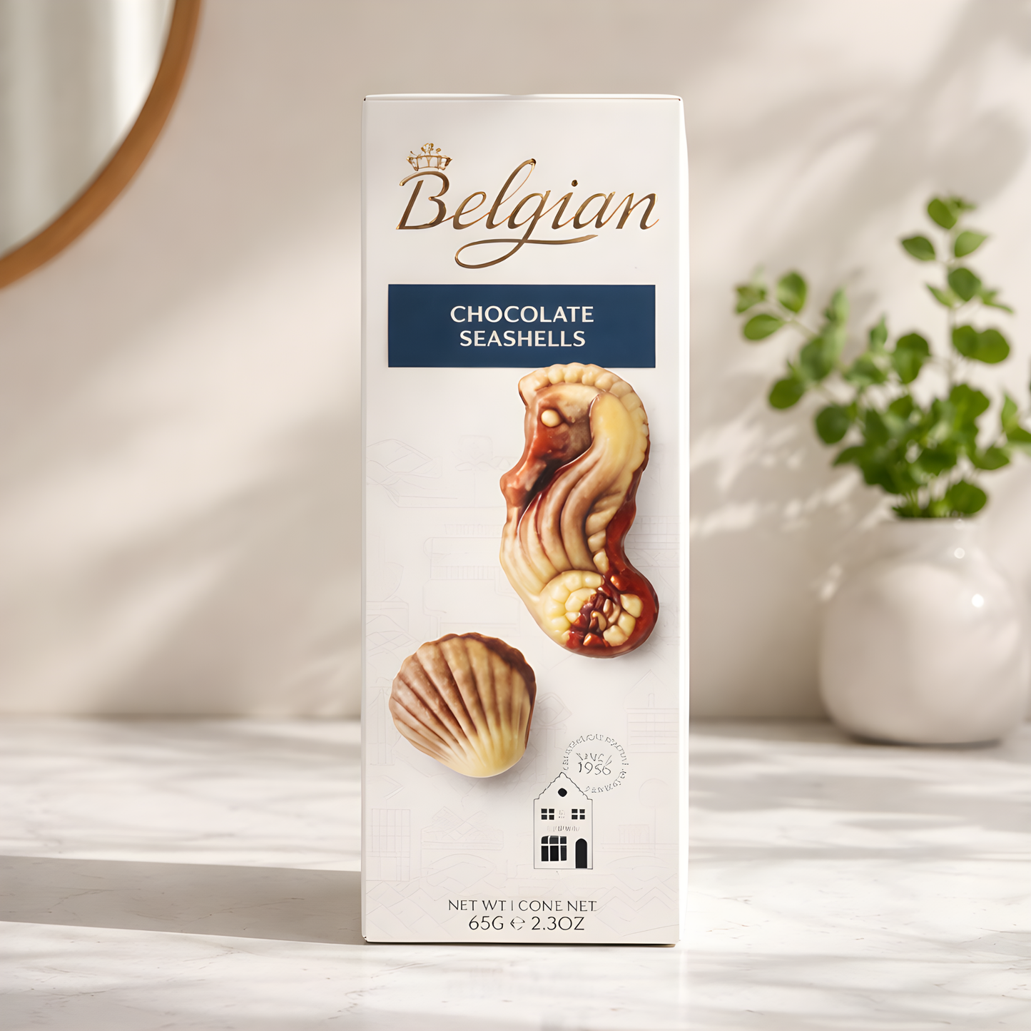 Box of Belgian chocolate seashells on a neutral background