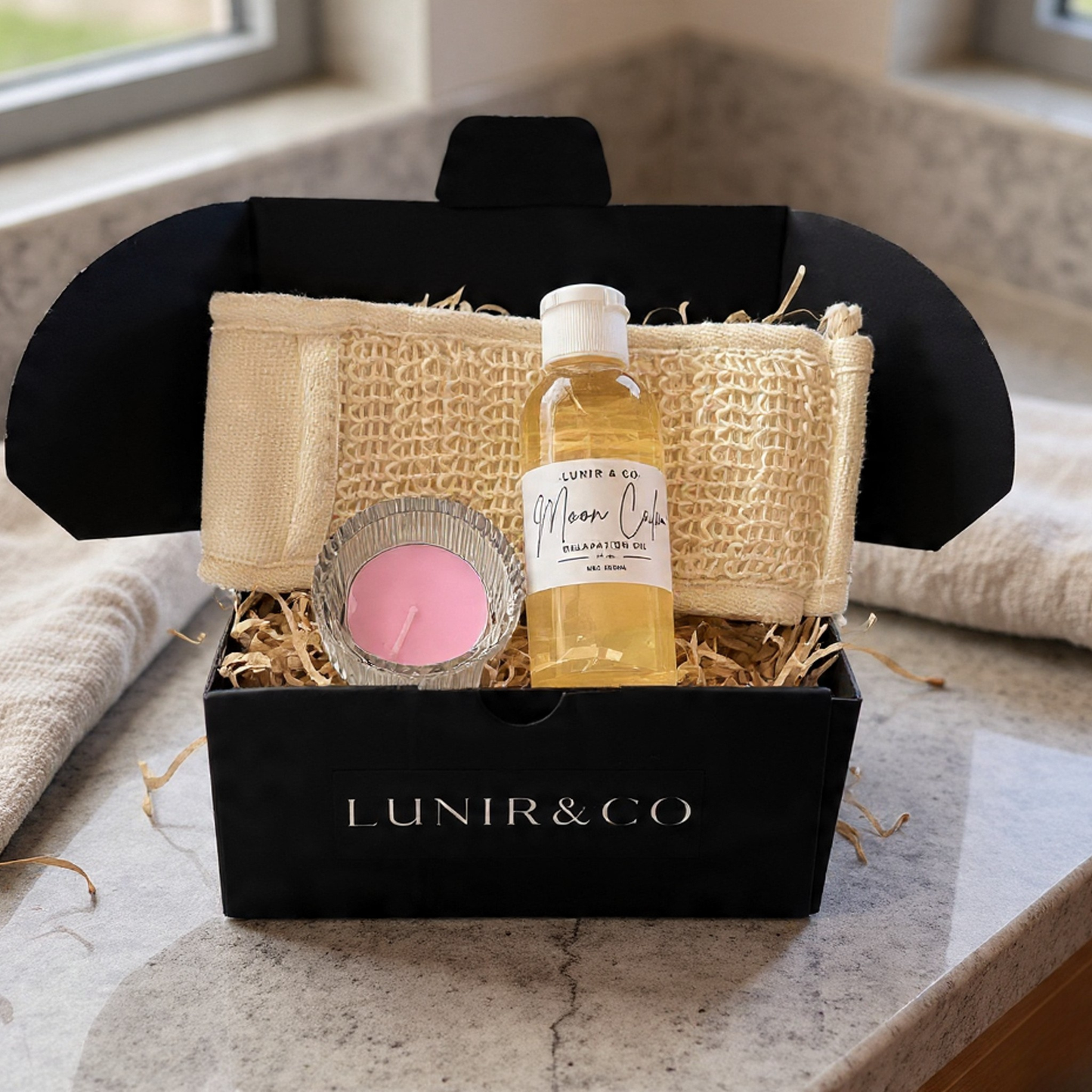 Cosmetic products including a jar, bottle, and candle on a marble surface with a towel in the background.