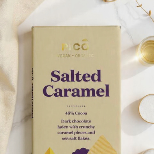 PICO Salted Caramel chocolate bar packaging on a light background