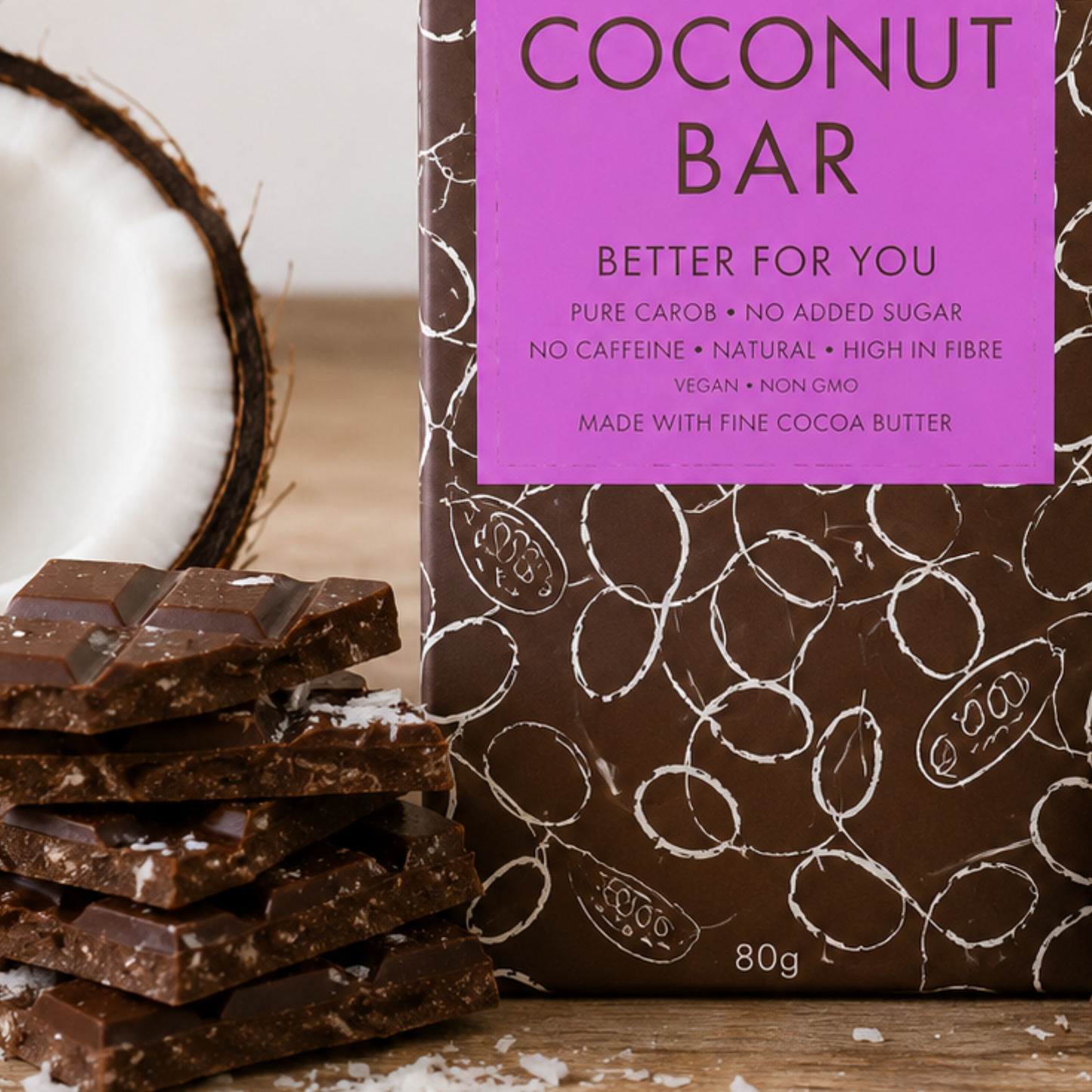 Chocolate bar with a coconut bar packaging on a wooden surface