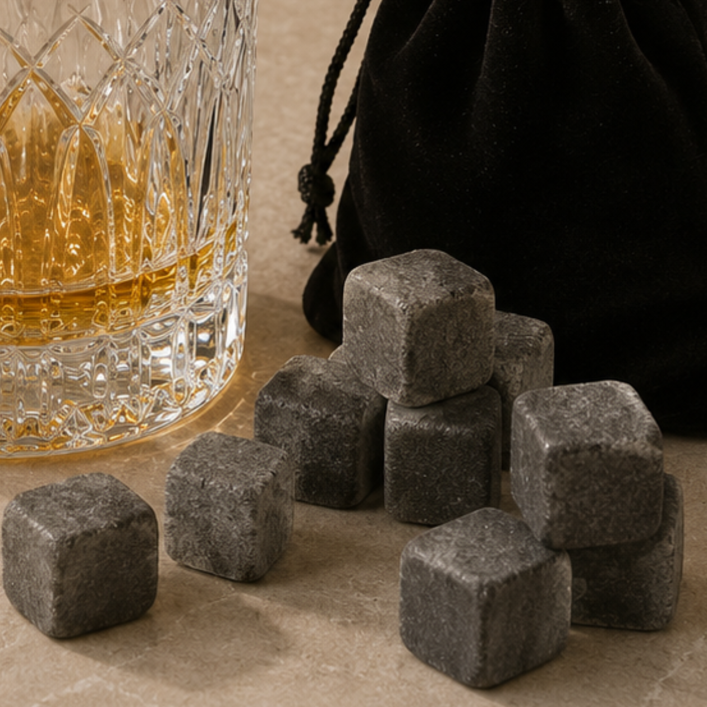 Whiskey stones and a glass of whiskey on a stone surface