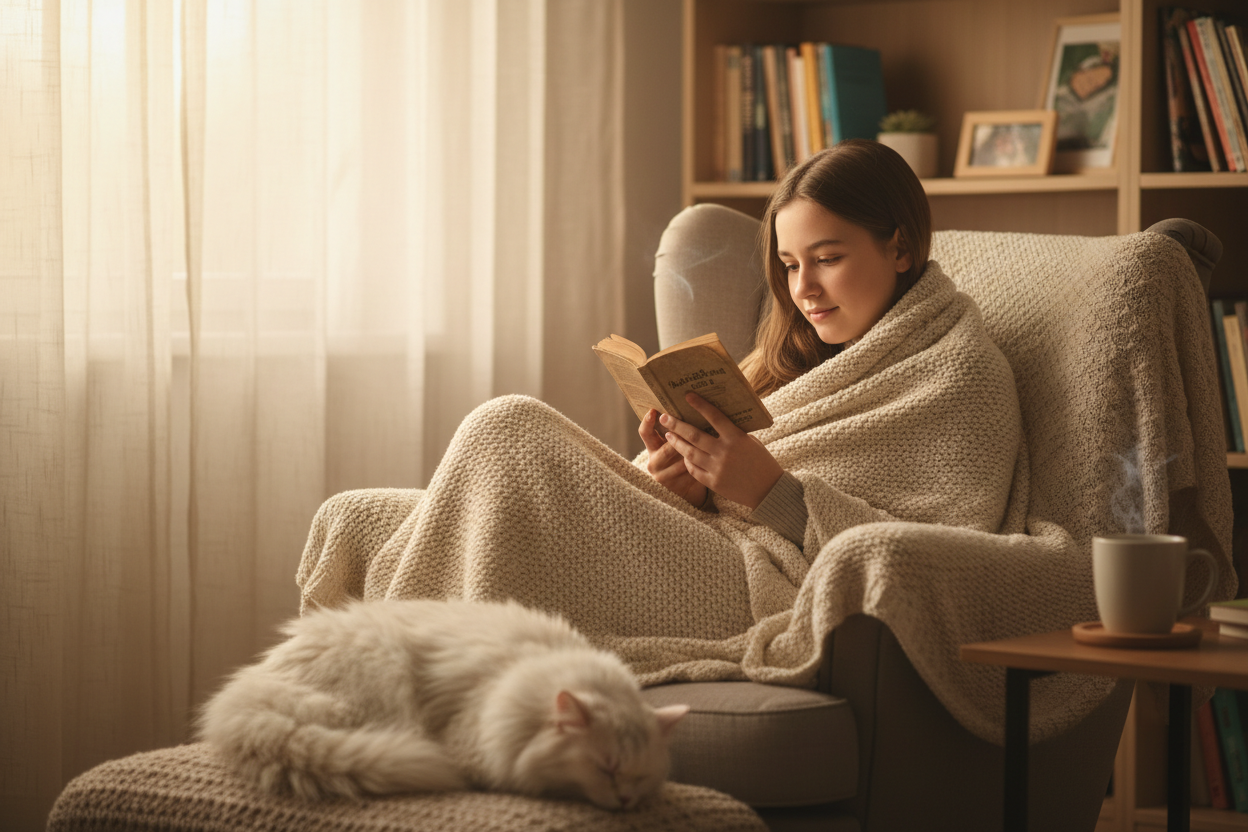 A teenage girl sitting comfortably with a soft blanket around her shoulders, reading a small booklet. The mood is reassuring and calm, with gentle lighting and a safe, home environment. The scene focuses on comfort and support rather than products.