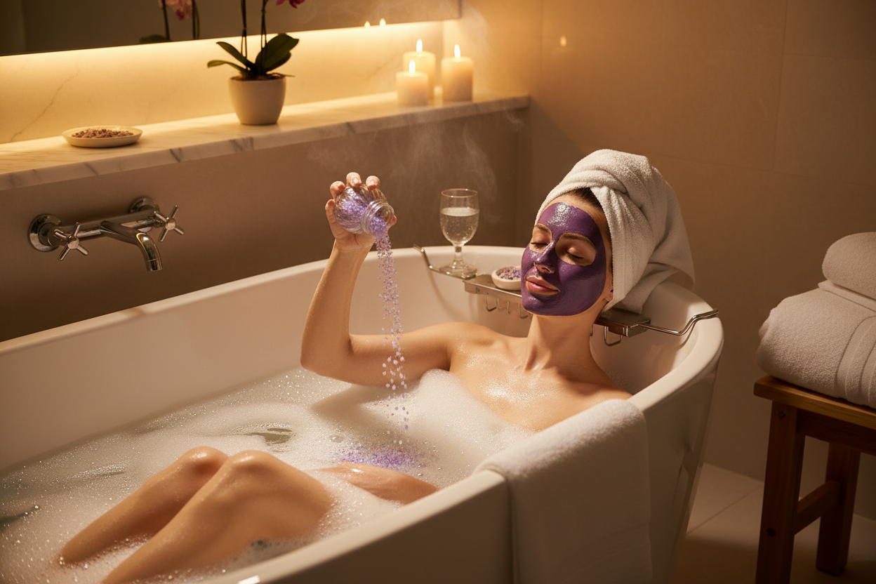 lady relacing in a bath with a deep purple clay mask on her face pouring bath salts in the bath