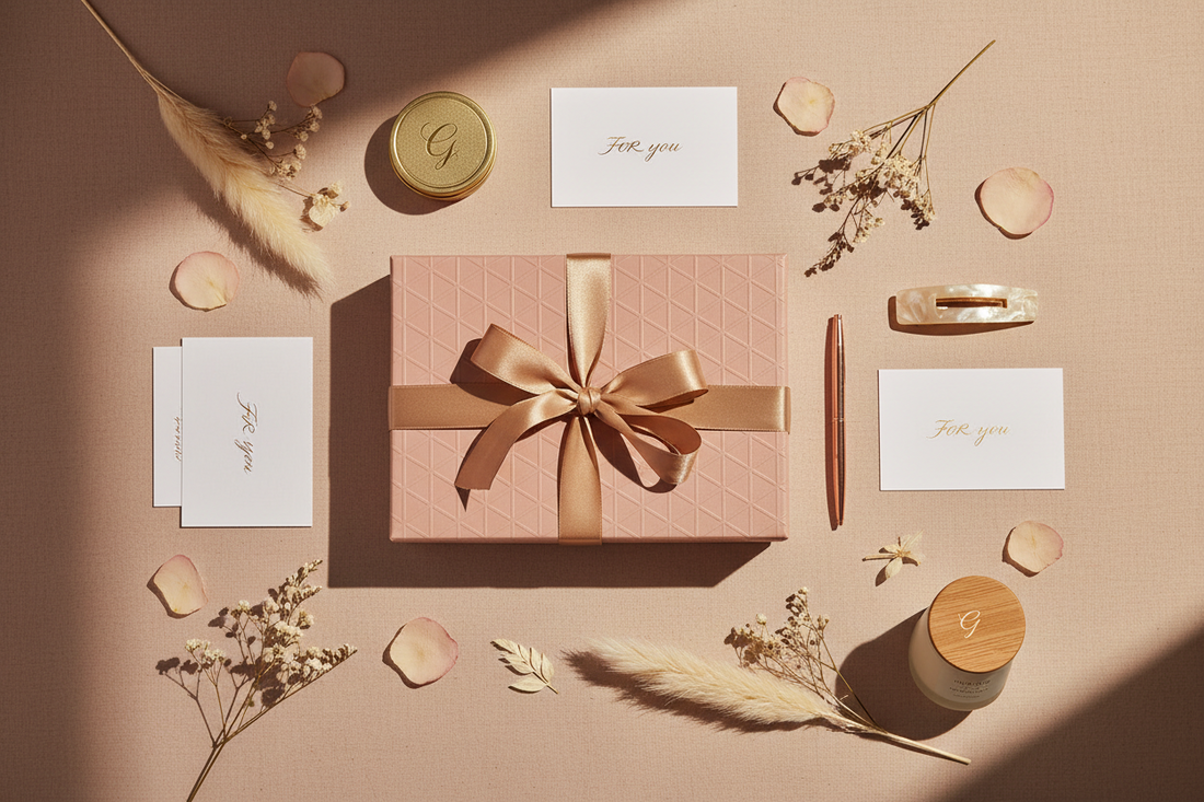 elegant teen gift box flat lay, muted blush and warm beige background, soft linen texture, delicate dried florals, warm golden hour lighting, gentle cinematic shadows, premium packaging detail, high-end editorial photography aesthetic