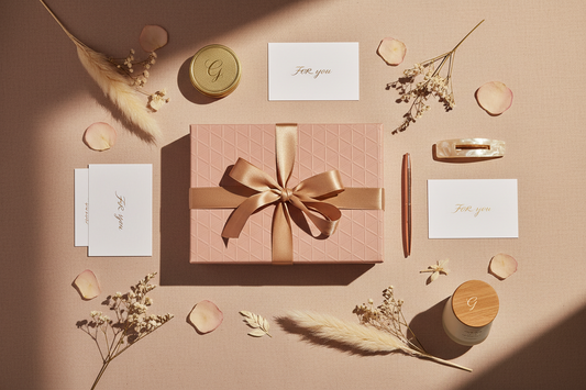 elegant teen gift box flat lay, muted blush and warm beige background, soft linen texture, delicate dried florals, warm golden hour lighting, gentle cinematic shadows, premium packaging detail, high-end editorial photography aesthetic