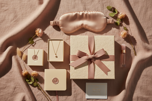 elegant teen milestone gift box flat lay, muted blush and warm beige backdrop, soft linen texture