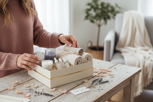 lady making a luxury self care gift box