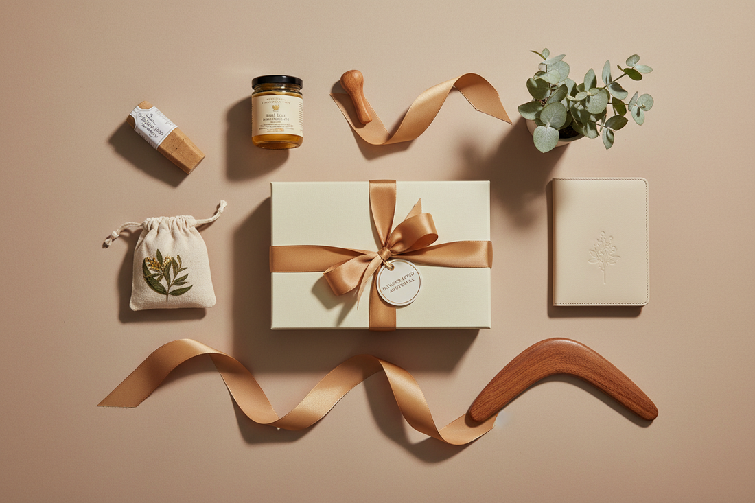 luxury australian gift box flat lay, multiple curated gift boxes on soft beige backdrop