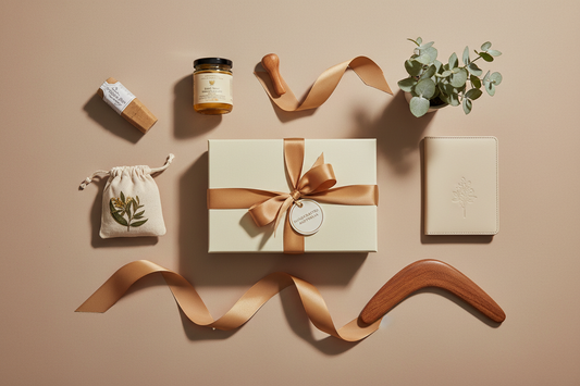 luxury australian gift box flat lay, multiple curated gift boxes on soft beige backdrop