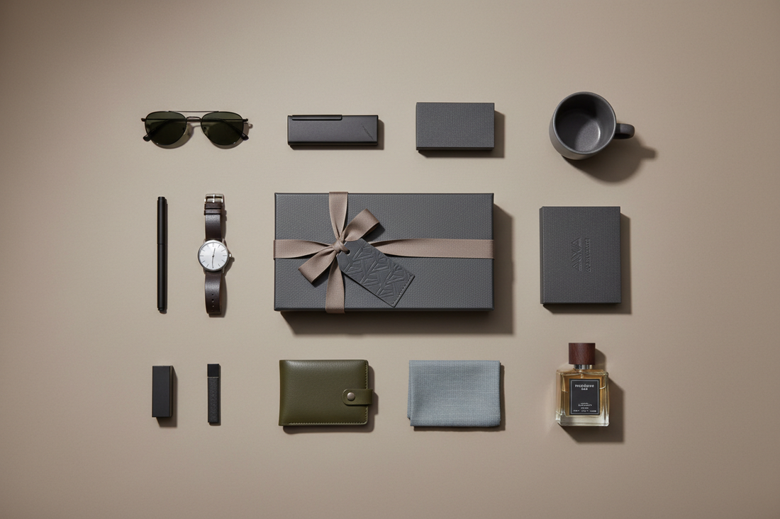 modern mens gift box flat lay, warm taupe and stone background, structured minimal styling, soft directional studio lighting, subtle shadows, premium ribbon detail, clean masculine aesthetic, high-end ecommerce photography