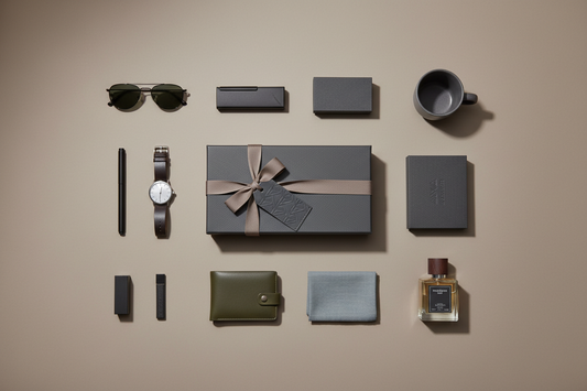 modern mens gift box flat lay, warm taupe and stone background, structured minimal styling, soft directional studio lighting, subtle shadows, premium ribbon detail, clean masculine aesthetic, high-end ecommerce photography