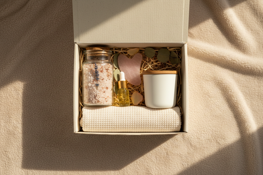 luxury self care gift box flat lay, bath salts jar, candle, silk ribbon, soft beige and cream backdrop, warm diffused studio lighting, gentle cinematic shadows, premium spa aesthetic, minimal but refined styling