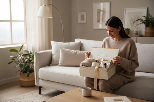 woman sitting on couch opening calming gift box, soft natural window light, neutral living room, warm comforting mood, luxury packaging visible, realistic lifestyle photography