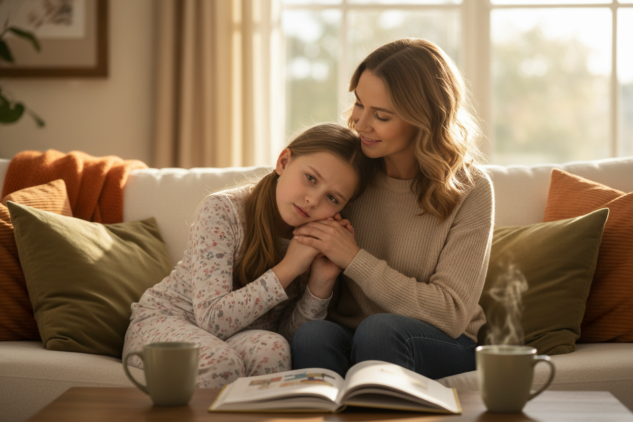 Mum and daughter sitting on couch discussing her first period