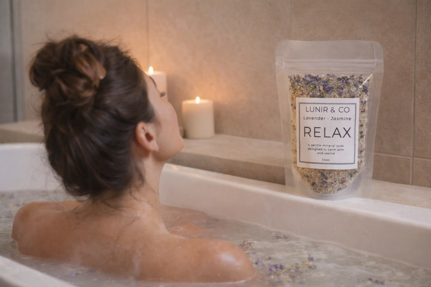 Lady relaxing in a bath with candles lit and Relax mineral bath soak