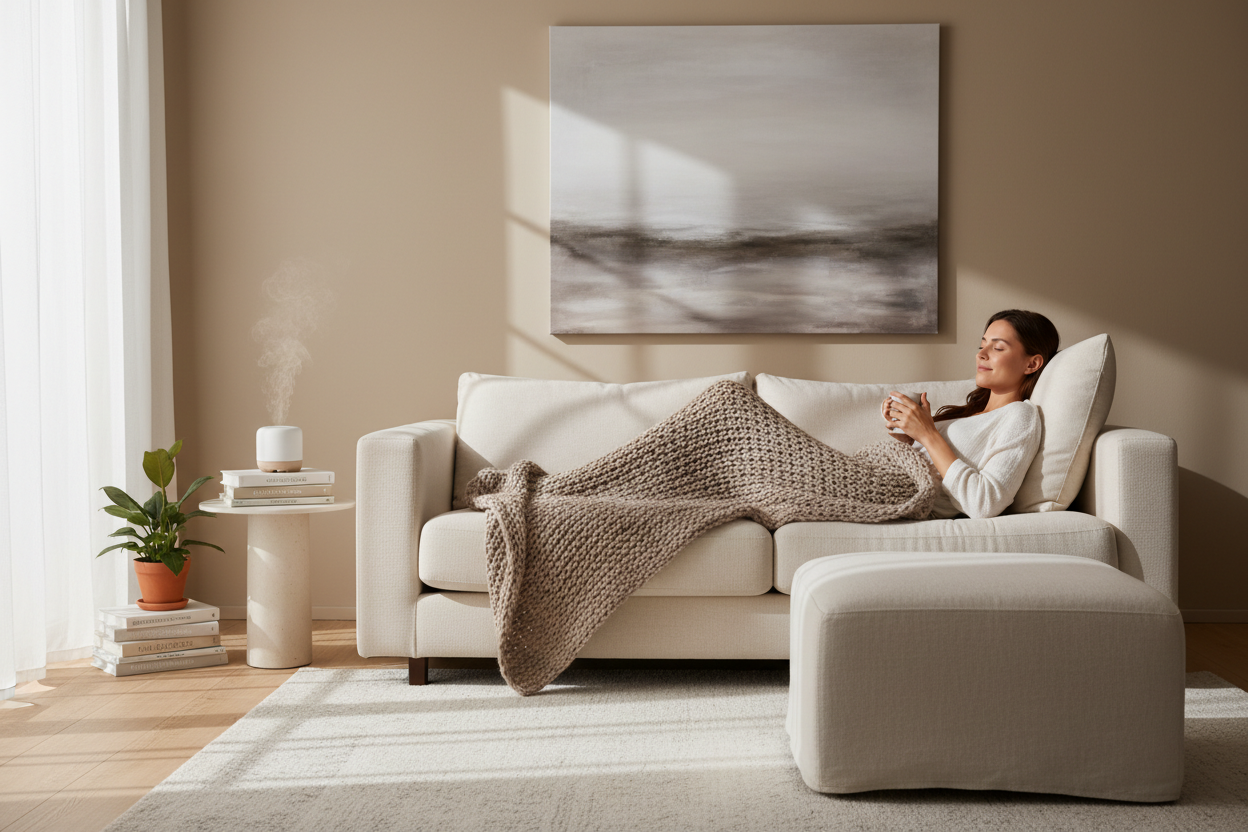 Woman lying on a couch looking out the window relaxing