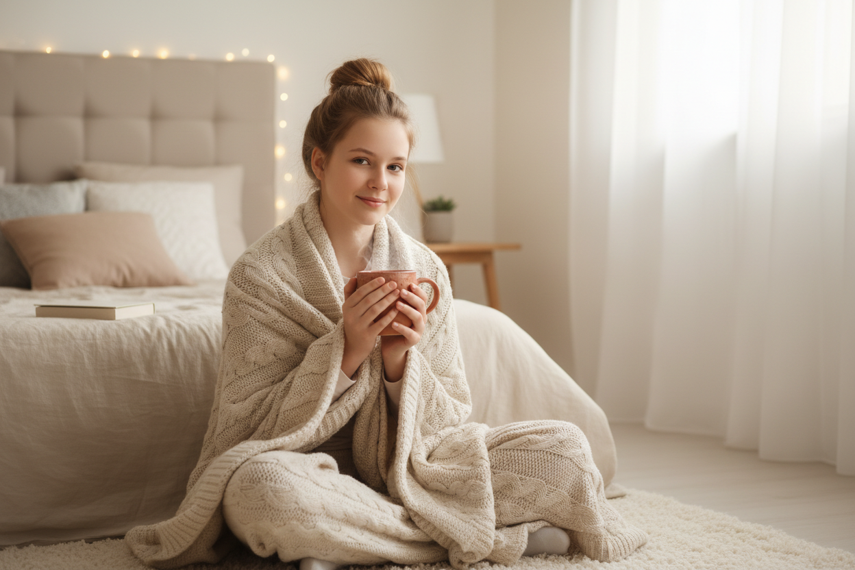Teen sitting in her bedroom drinking a cup of chocolate waiting for her gift box