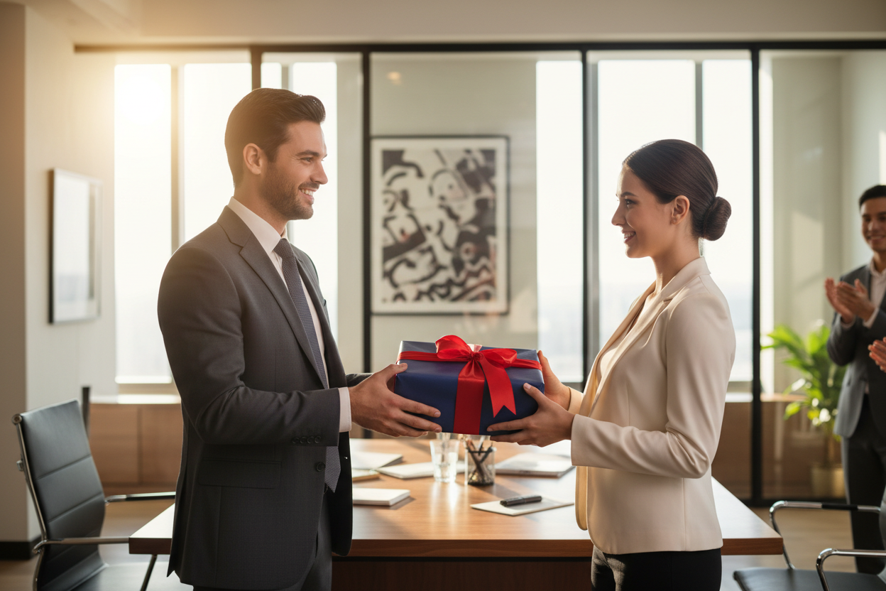 Boss giving his new hire a gift box