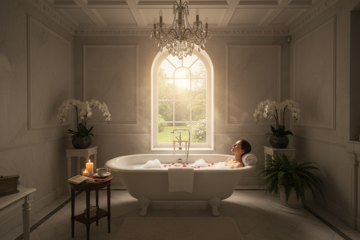 Lady soaking ina. bath in front of a window