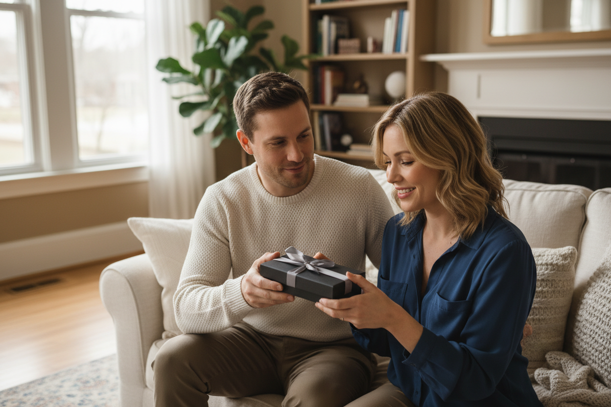 Man giving his wife a self care gift box