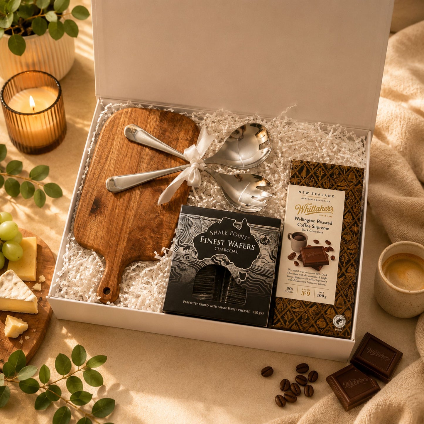 Gift set with wooden cutting board, chocolate, and coffee beans on a decorative table.