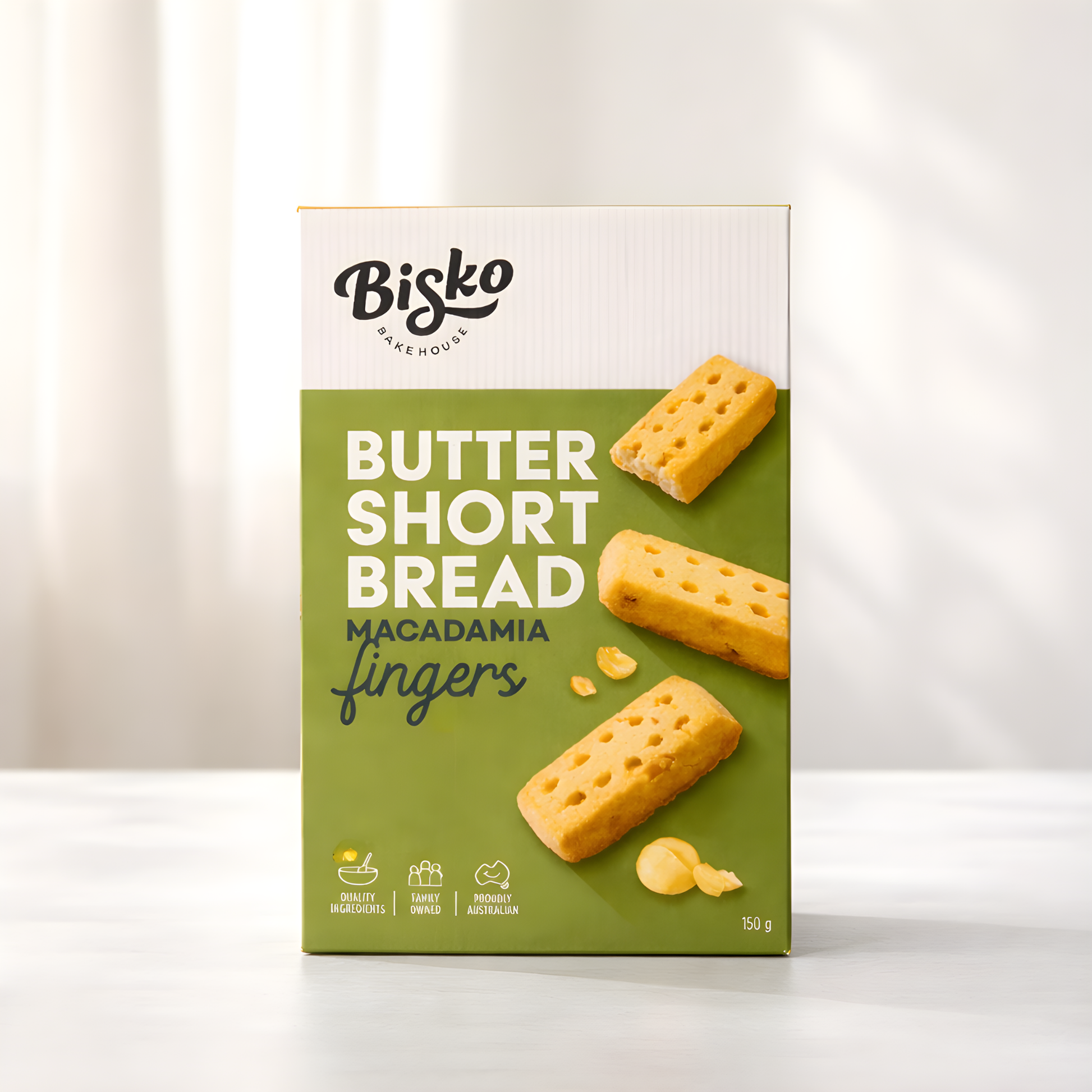 Box of Bisko Butter Shortbread Macadamia Fingers on a white background