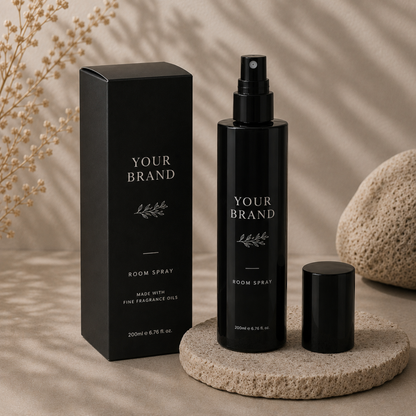 Black room spray bottle and packaging with 'Your Brand' on a neutral background