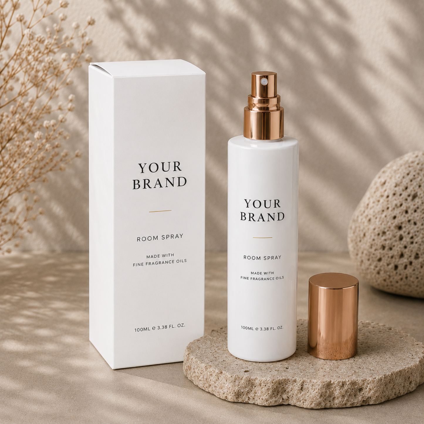 Room spray bottle and packaging with 'Your Brand' text on a neutral background