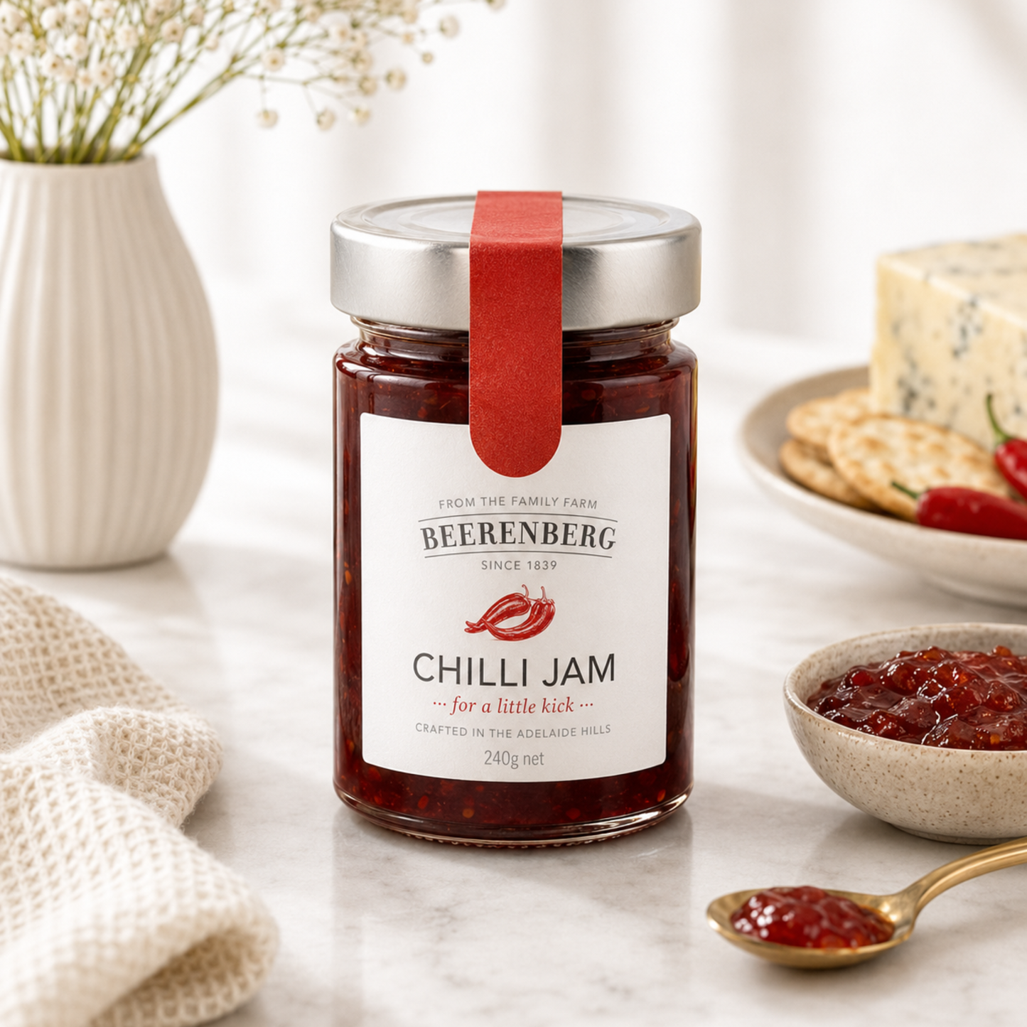 Jar of Beerenberg Chilli Jam on a table with a spoonful of jam and a bowl of jam.