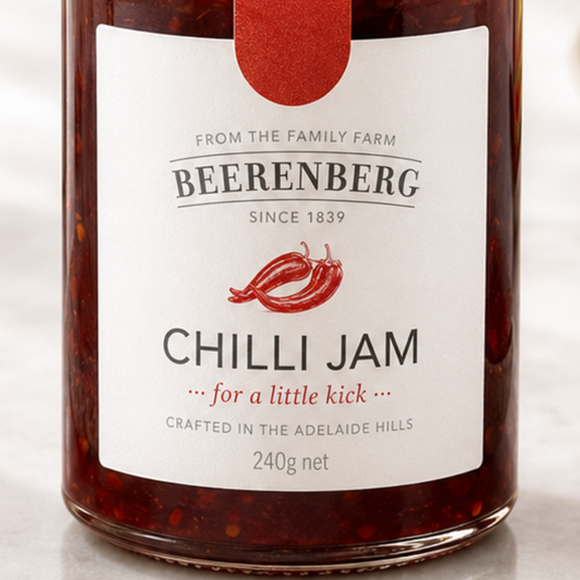 Jar of Beerenberg Chilli Jam with a red label on a white background