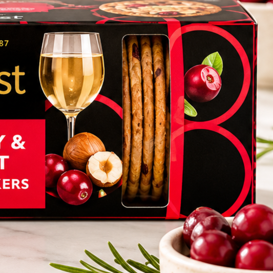 Box of crackers with a glass of wine, cranberries, and nuts on a table.