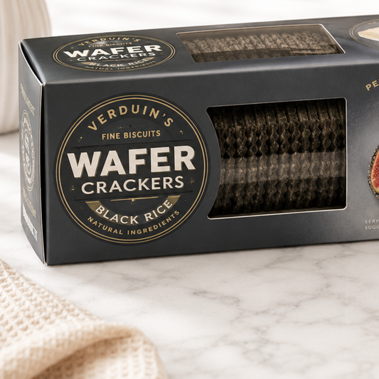Box of Verduin's Wafer Crackers on a marble surface