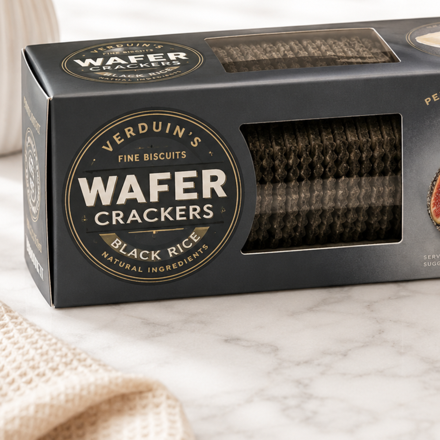 Box of Verduin's Wafer Crackers on a marble surface