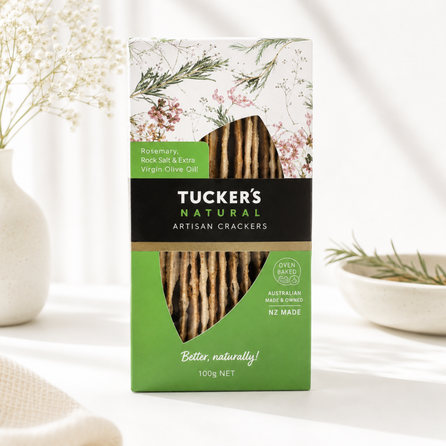 Tucker's Natural Rosemary, Rock Salt & Extra Virgin Olive Oil Crackers 100g