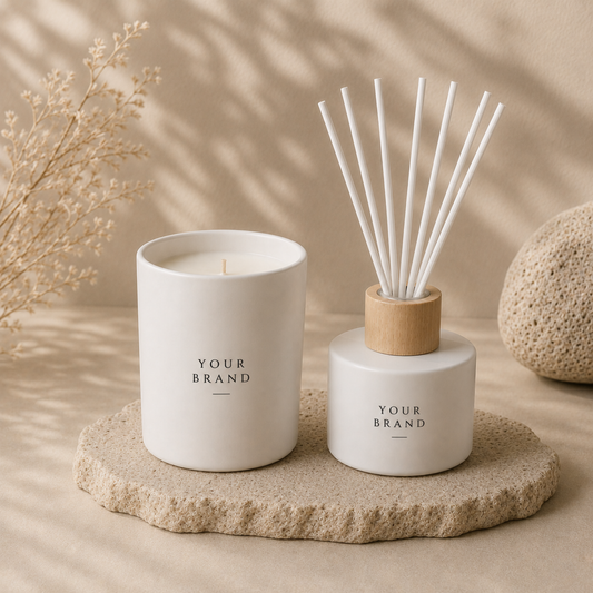White candle and diffuser with 'Your Brand' on a stone surface with natural light