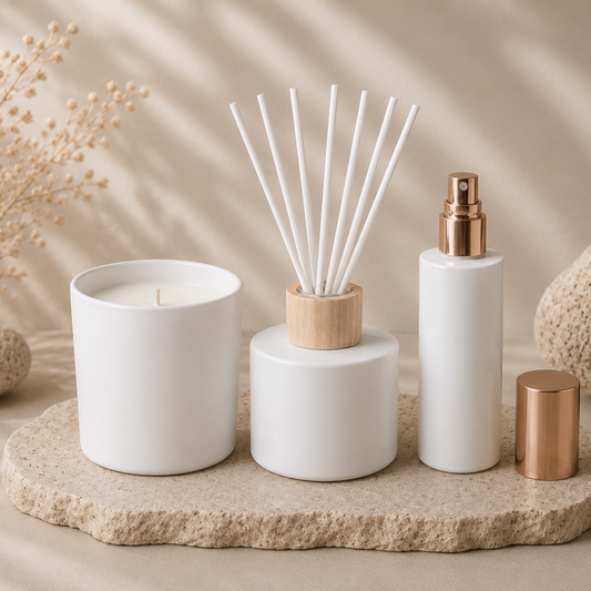 Decorative items including a candle, diffuser, and bottles on a stone surface with a neutral background.