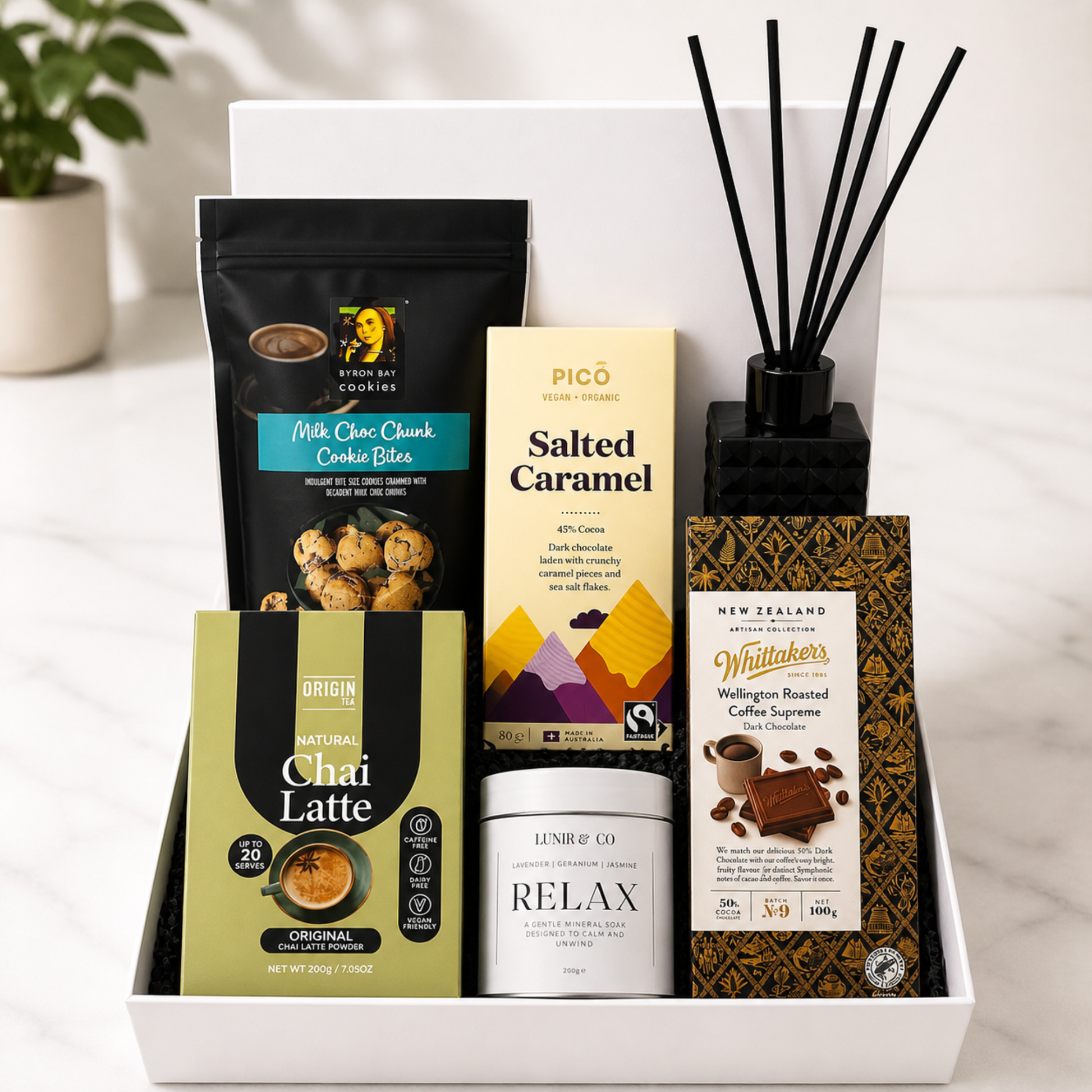 settlement gift box for real estate agents, chocolate, reed diffuser, biscuites