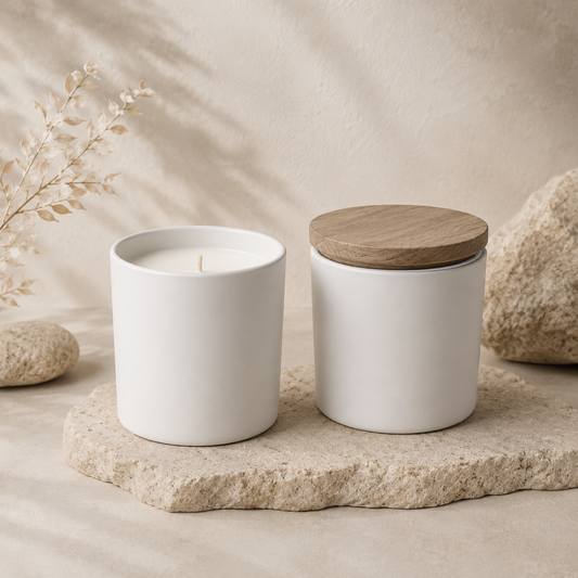 Two white ceramic containers with a wooden lid on a stone surface with a neutral background