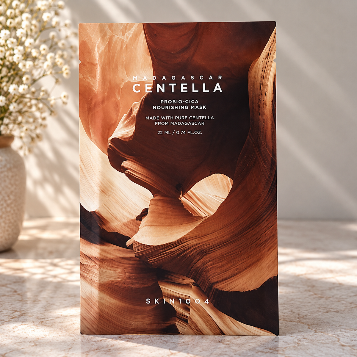 A single skincare mask pouch standing upright on a light stone surface, with a canyon rock photo printed on the front. The text reads Madagascar Centella Probio-Cica Nourishing Mask and SKIN1004.