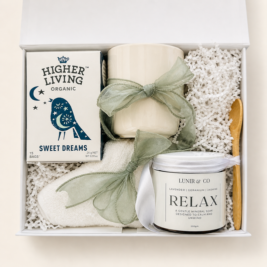 Flay lay of gift box with bath soak and sweet dreams tea