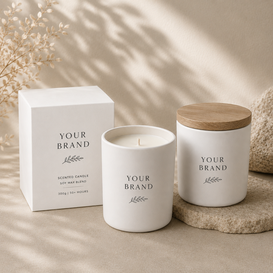 Two candles with a wooden lid and a white box labeled 'Your Brand' on a beige surface.