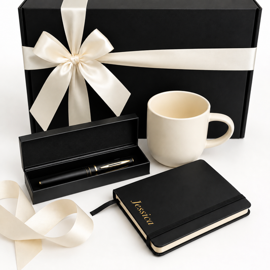 A luxury gift set featuring a black gift box with a cream satin bow, a black fountain pen in a black presentation box, a cream ceramic mug, and a black personalized pocket notebook with gold foil text reading 'Jessica'.